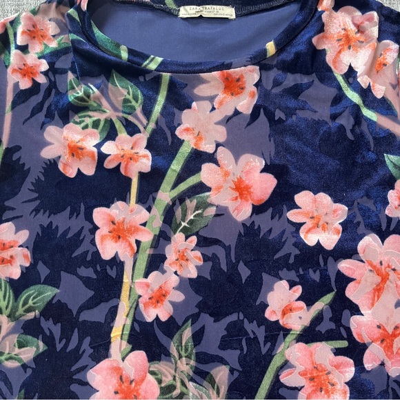 Zara Trafaluc Women’s‎ Top Size Small Blue Pink Floral Velour Short Sleeve Shirt - Picture 3 of 6